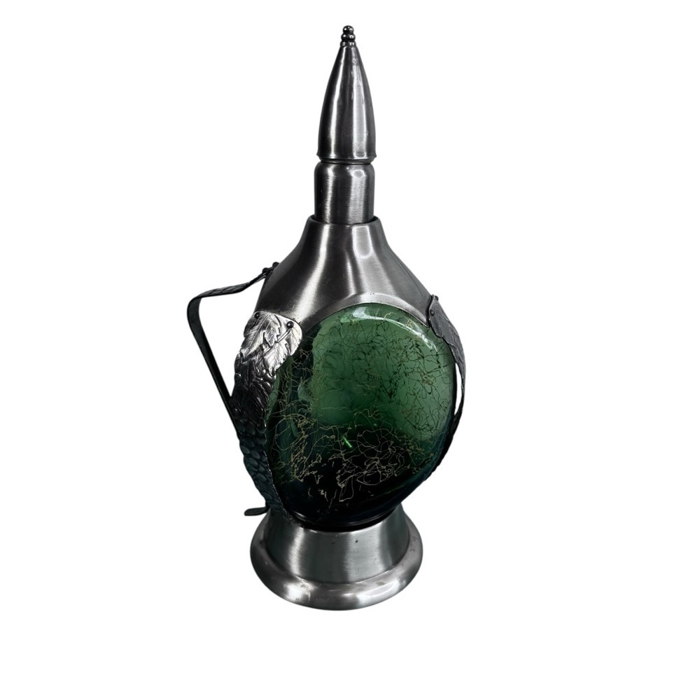 Vintage MCM Musical Liquor Decanter Green Crackle Glass Works Plays How Dry I Am